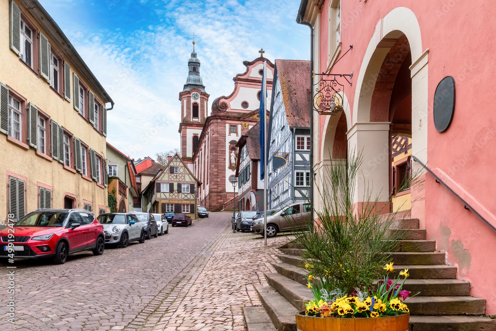 Ettenheim, view to the St. Bartholomew's Church with town hall on the right, Ortenaukreis, Baden-Württemberg, Germany