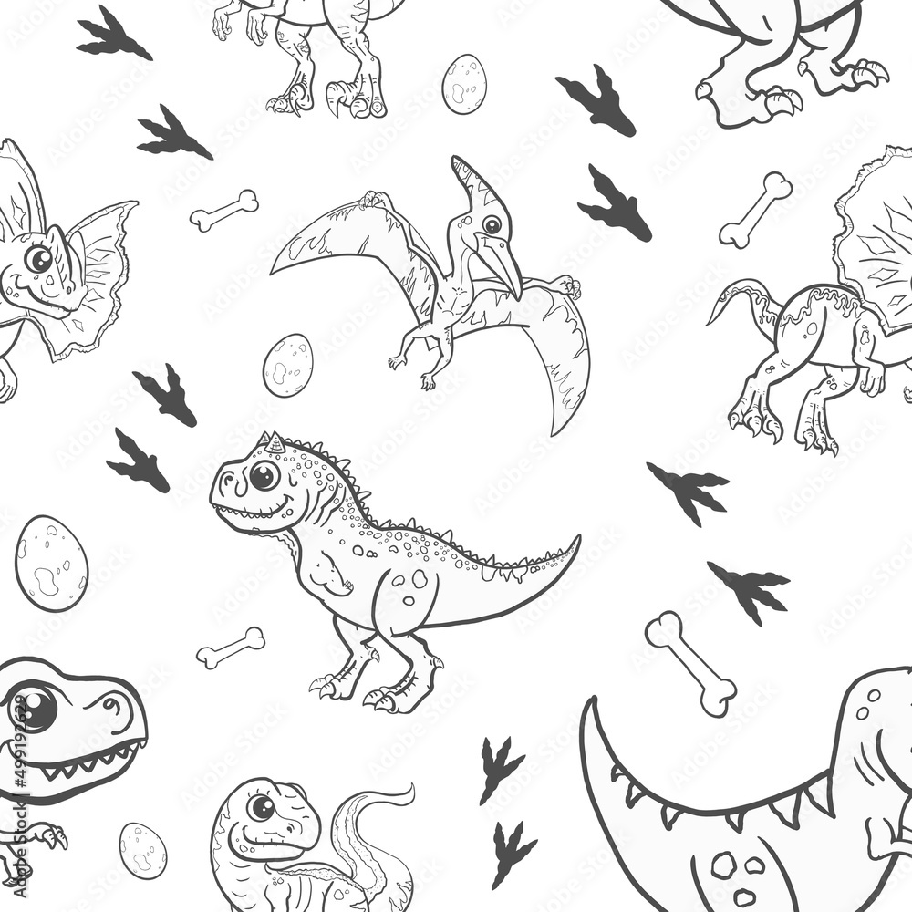 Fototapeta premium Tierno motivo infantil de dinosaurios jurásicos carnívoros, Tiranosaurio rex, Carnotauro, Velociraptor y Dilophosaurus.