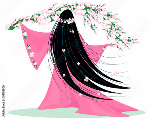 Illustration of magical Sakura Lady. Eye-catching beautiful cherry blossom goddess, create with magic a cherry blossom branch. Cherry blossoms bloom in her hands. Charming spring miracle.