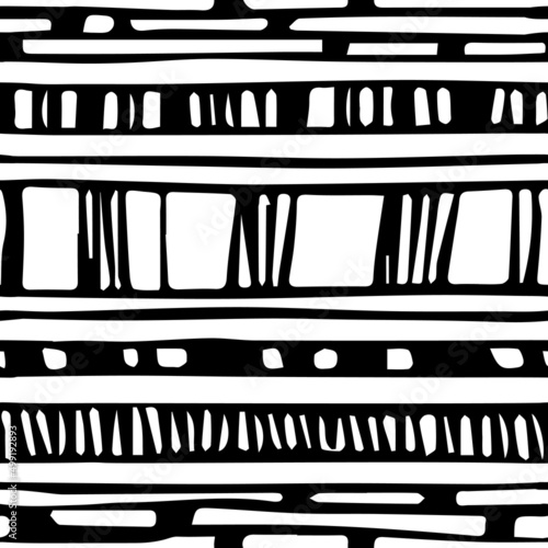 Black white abstract hand drawn vector repeat seamless border pattern. Ink effect, scribble illustration contains rectangles, line elements, shapes, modern geometry