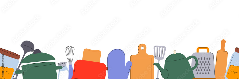 Obraz premium Kitchen Tools border. Utensils vector flat Illustration.