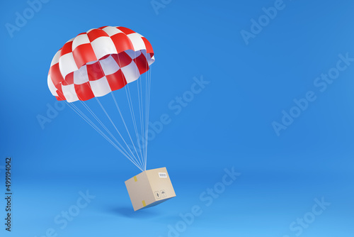 Cardboard box descending by parachute isolated on blue background. Shipping concept. 3d illustration.