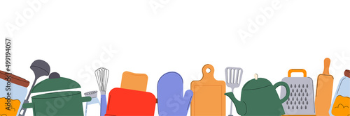 Kitchen Tools border. Utensils vector flat Illustration.