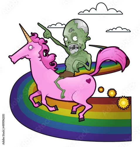 Zombie Riding a Unicorn over a Rainbow