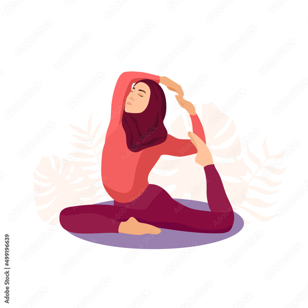 Muslim woman practicing yoga. Flat vector illustration isolated on white background Muslim woman practicing yoga. Flat vector illustration isolated on white background