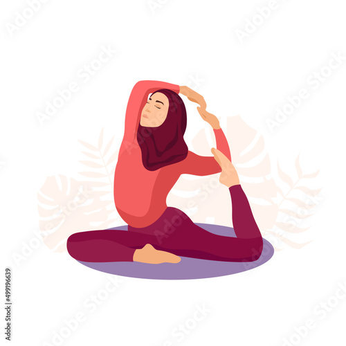 Muslim woman practicing yoga. Flat vector illustration isolated on white background