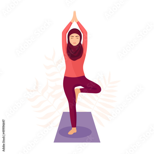 Muslim girl practicing yoga. Flat vector illustration isolated on white background