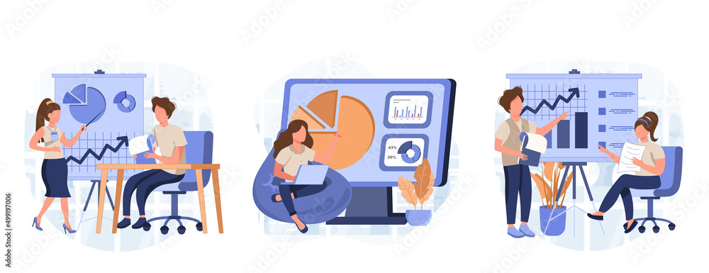 Business process concept isolated person situations. Collection of scenes with people colleagues analyze data, create success strategy, collaborate. Vector illustration in flat design Business process concept isolated person situations. Collection of scenes with people colleagues analyze data, create success strategy, collaborate. Vector illustration in flat design