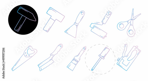A set of icons for a building store with building tools in a gradient color. Contains construction tools: Hammer, saw, trowel, paintbrush, screwdriver. Suitable for white and black backgrounds in the 