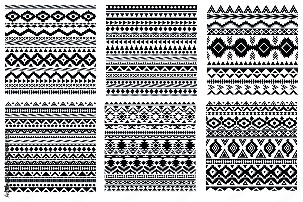 Seamless black vector tribal texture set. Vector stripes ink pattern. Tribal seamless texture. Vintage ethnic seamless backdrop Seamless black vector tribal texture set. Vector stripes ink pattern. Tribal seamless texture. Vintage ethnic seamless backdrop