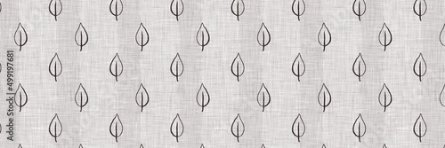 French grey botanical leaf linen border pattern with 2 tone country cottage style motif. Simple vintage rustic fabric textile effect. Primitive modern shabby chic kitchen cloth design.