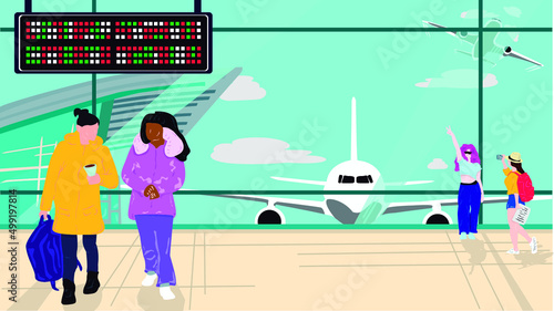 Un grupo de turistas disfrutan la vista de un aeropuerto internacional mientras esperan sus vuelos de conexión para ir de vacaciones