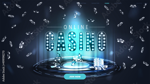 Online casino, blue banner with button, fly poker chips and hologram of digital rings in dark empty scene