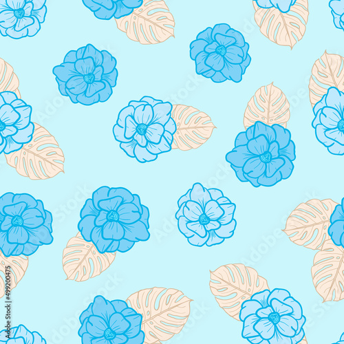 Anemone flowers and leaves seamless pattern background. Tropical nature wrapping paper or textile design. Beautiful print with hand-drawn exotic plants.