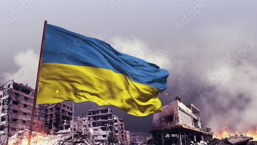 Fabric textured Ukraina flag with war concept