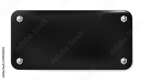 Black painted metal plate with four hexagons chrome screws isolated. Label, template. Cover, stopper. Vector