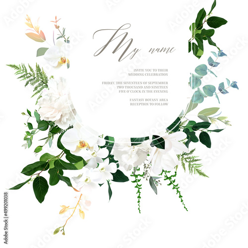 Classic white peony, hydrangea, magnolia and orchid flowers, eucalyptus, fern, salal, greenery vector