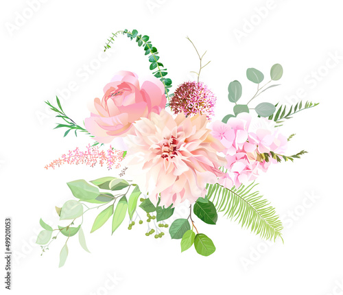 Photo Pink garden roses, ranunculus, peony, allium, dahlia flowers vector design bouquet