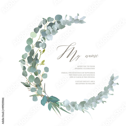 Greenery selection vector design round invitation frame. Rustic wedding greenery