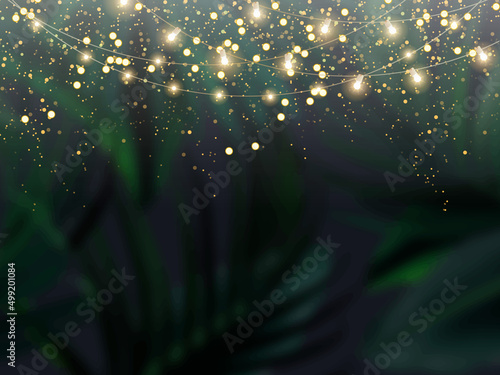 Emerald tropical forest foliage vector background. Green palm leaves wedding invitation