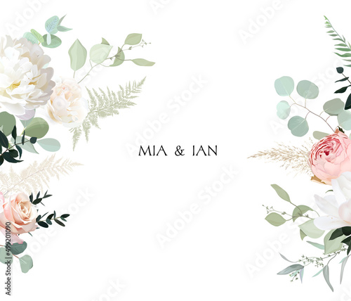 Classic white peony, blush pink rose and magnolia flowers, eucalyptus, dried pampas grass
