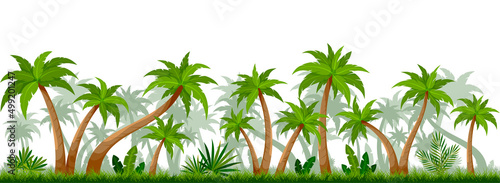 Tropical palm tree green seamless background flat. Dense summer foliage forest landscape horizontal. Subtropical wallpaper tourism company profile screen saver exotic travel site isolated on white