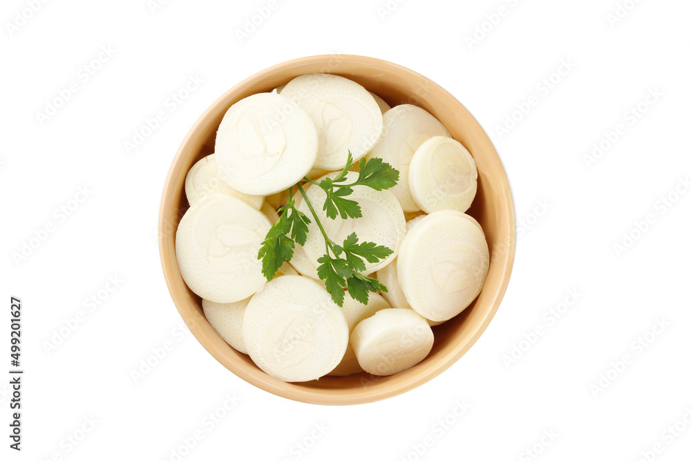 Sliced palm heart palmetto salad in ceramic bowl isolated on white background Sliced palm heart palmetto salad in ceramic bowl isolated on white background