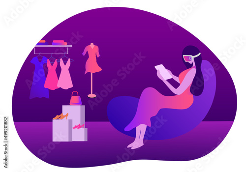 Metaverse Virtual Reality shopping. woman wearing VR goggle having 3d experience in shopping in the metaverse vector illustration 

