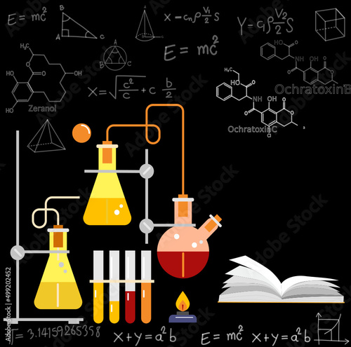 Lab Chemistry Kit includes Bigger, Stand, Red and Yellow Chemical, volume metric flash, test tube, burner, flame burner, bubble chemical in laboratory , vector chemical , laboratory chemical vector