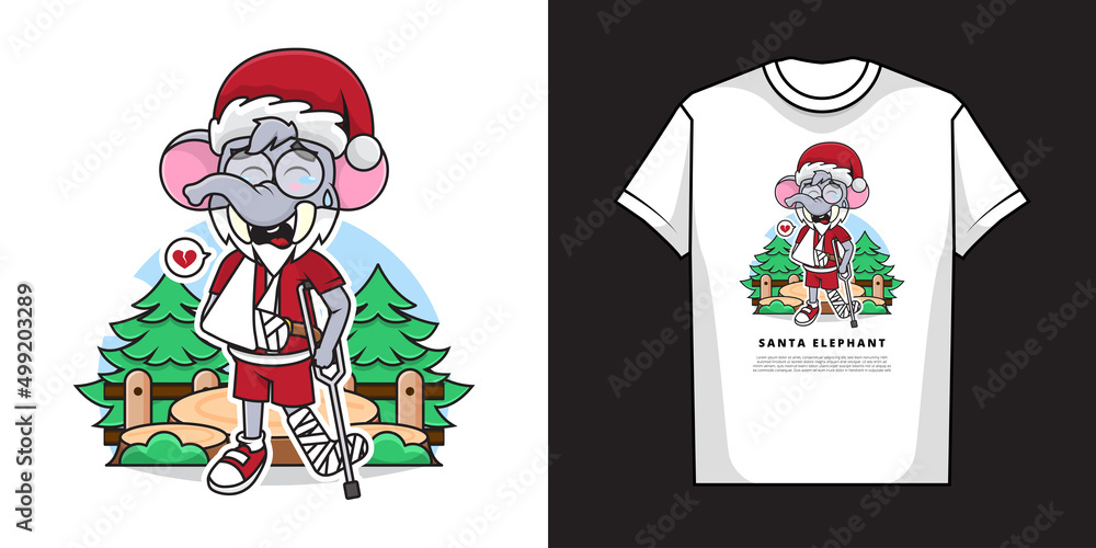 Cartoon Character of Cute Elephant Santa Claus with a Gesture of Fractured Arm and Leg and T-Shirt Mockup Design Cartoon Character of Cute Elephant Santa Claus with a Gesture of Fractured Arm and Leg and T-Shirt Mockup Design