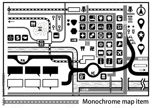 モノクロ地図用の道路ブラシ、アイコンのコレクション