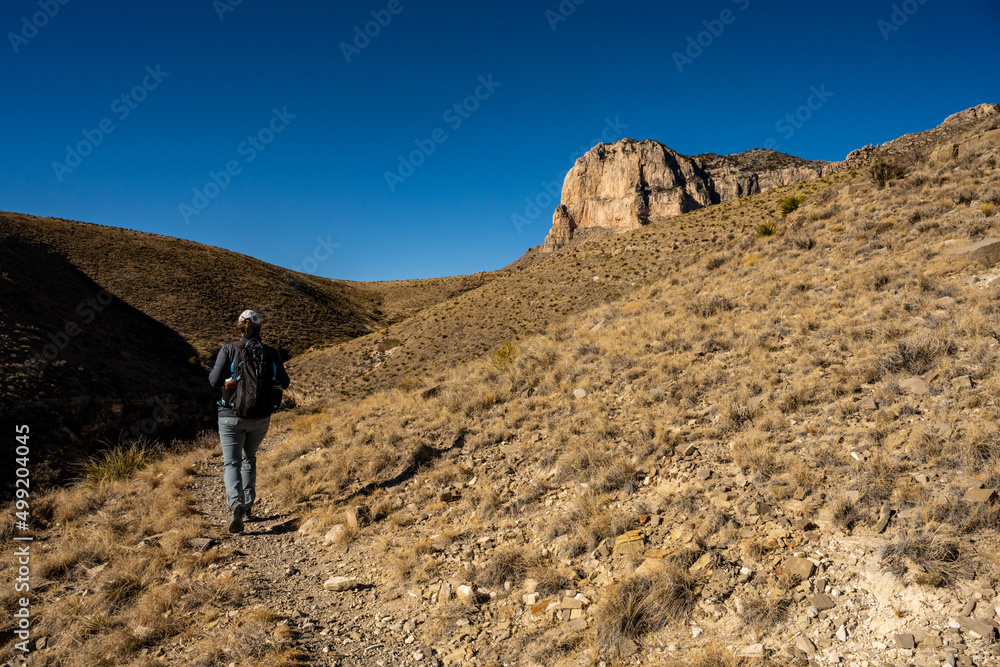 Woman Hiking Toward El Capitan In Guadalupe Mountains