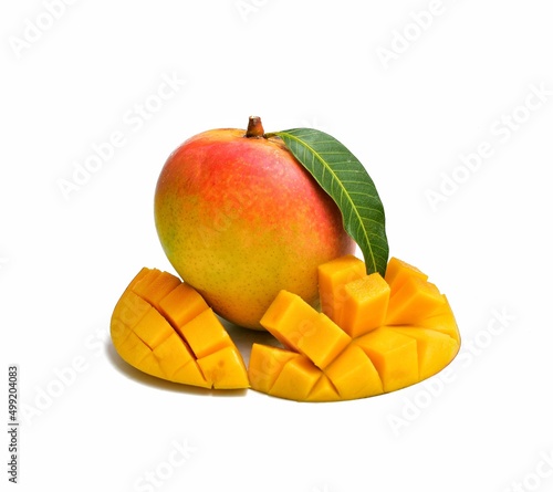 sweet ripe mango with green mango leaves isolated on white background