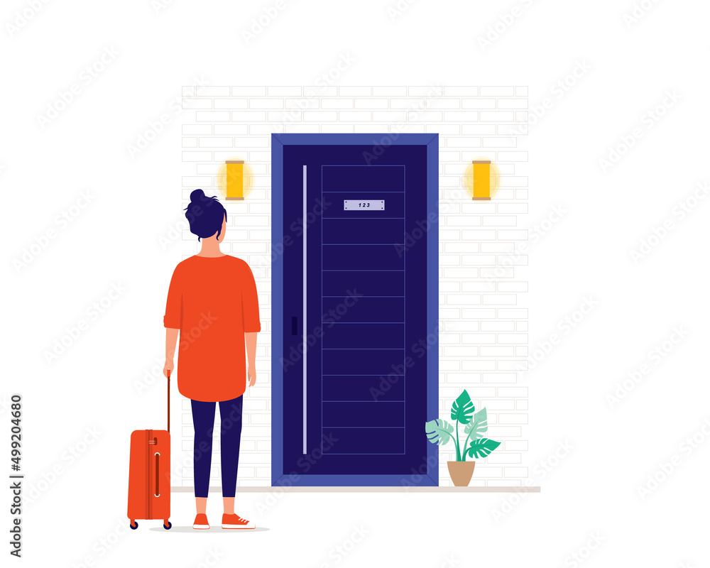 Young Woman With Luggage Arriving At The Hotel Room. Young Woman With Luggage Arriving At The Hotel Room.