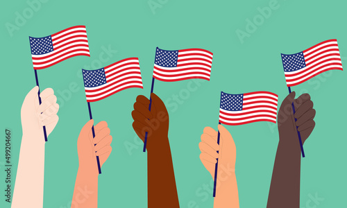 Diverse Group Of Patriot’s Hand Waving A Small American Flag With Plastic Stick.