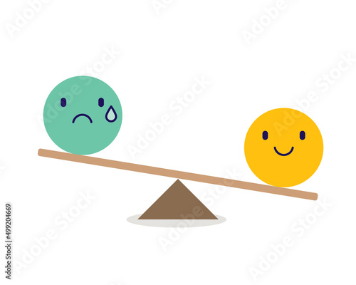 Sadness And Happiness Emotional Balance Concept. Smiley Face Emoticon Outweigh The Sad Face Emoticon On A Seesaw Balance. 