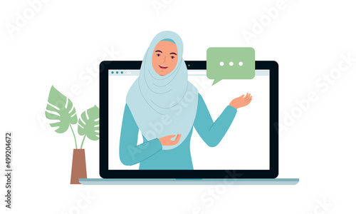 Young Happy Muslim Woman Teaching Online Classes.