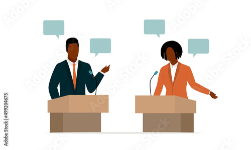 Black Man And Woman Politician Standing At A Podium Debating. photo