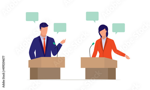 Man And Woman Politician Standing At A Podium Debating. photo