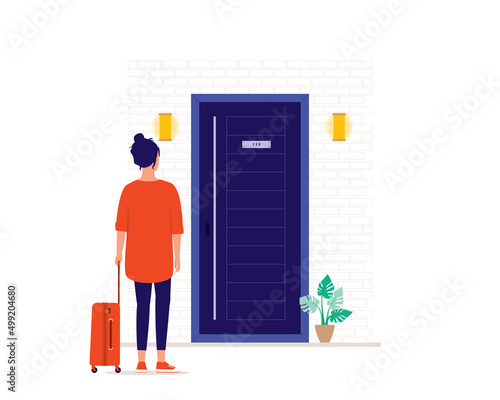 Young Woman With Luggage Arriving At The Hotel Room.