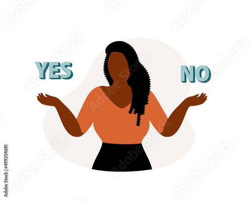 Front View Of A Young Black Woman With Shrugging Gesture Couldn’t Decide “Yes” Or “No”.