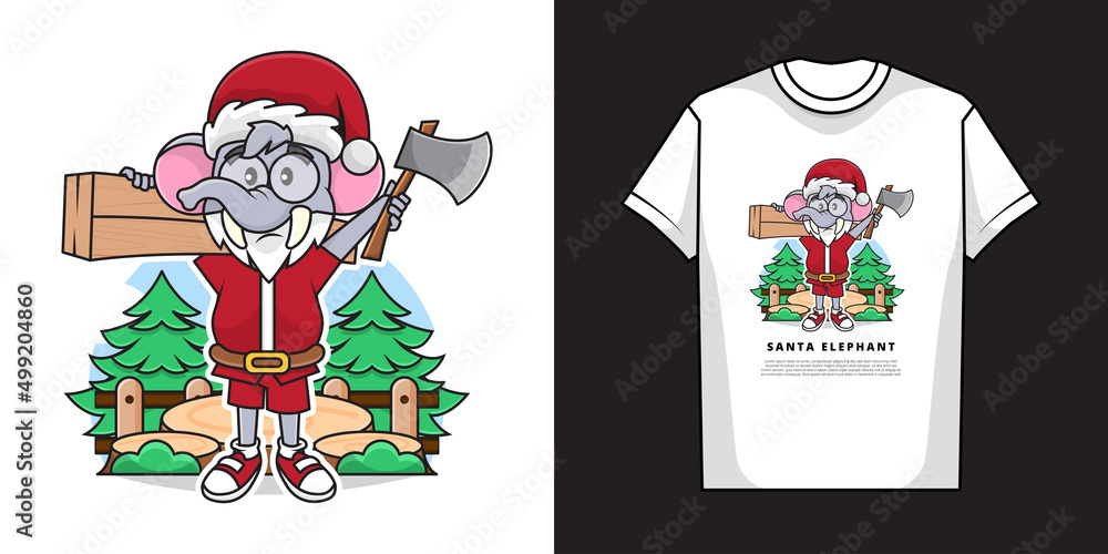 Illustration Vector Graphic of Adorable Elephant Carpenter Wearing Santa Claus Costume and Holding an Ax with T-Shirt Mockup Design