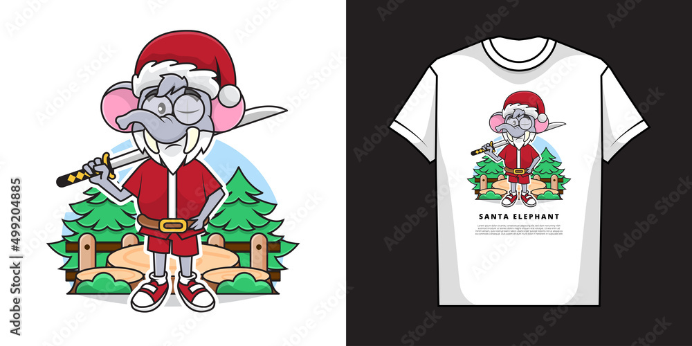 Illustration Vector Graphic of Adorable Elephant Wearing Santa Claus Costume While Holding Katana Sword with T-Shirt Mockup Design Illustration Vector Graphic of Adorable Elephant Wearing Santa Claus Costume While Holding Katana Sword with T-Shirt Mockup Design