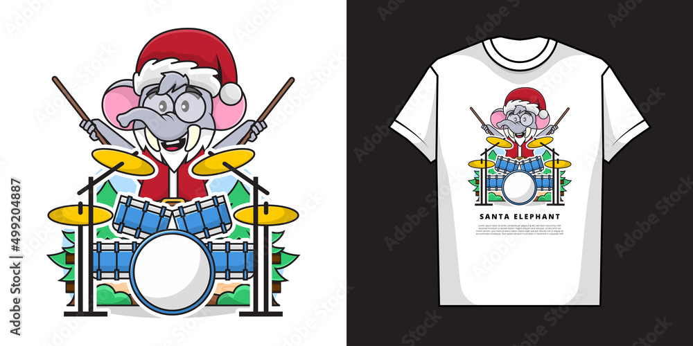 Illustration Vector Graphic of Adorable Elephant Wearing Santa Claus Costume While Playing the Drums with T-Shirt Mockup Design Illustration Vector Graphic of Adorable Elephant Wearing Santa Claus Costume While Playing the Drums with T-Shirt Mockup Design