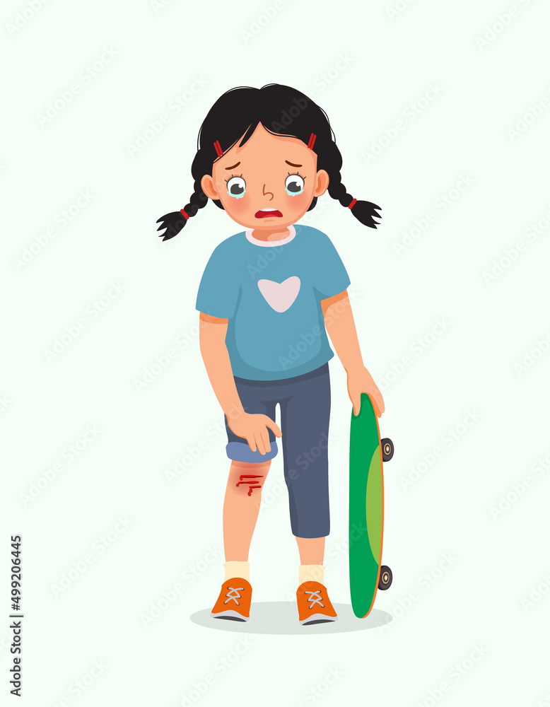 cute little girl has a knee injury crying holding her scratch bleeding leg with bruises after an accident fell down from skateboard cute little girl has a knee injury crying holding her scratch bleeding leg with bruises after an accident fell down from skateboard