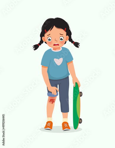cute little girl has a knee injury crying holding her scratch bleeding leg with bruises after an accident fell down from skateboard