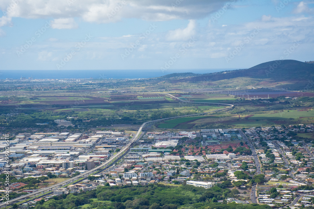 Aerial view of the Honolulu Rail transit lane running from the West side of Kapolei through Pearl City and Waipahu on Oahu, Hawaii