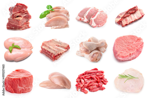 Set of different raw meat isolated on white