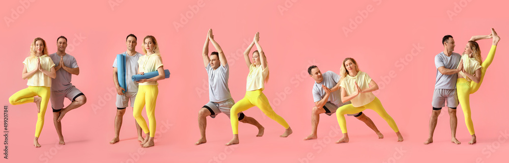 Obraz premium Set of sporty couple practicing yoga on pink background