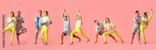 Set of sporty couple practicing yoga on pink background